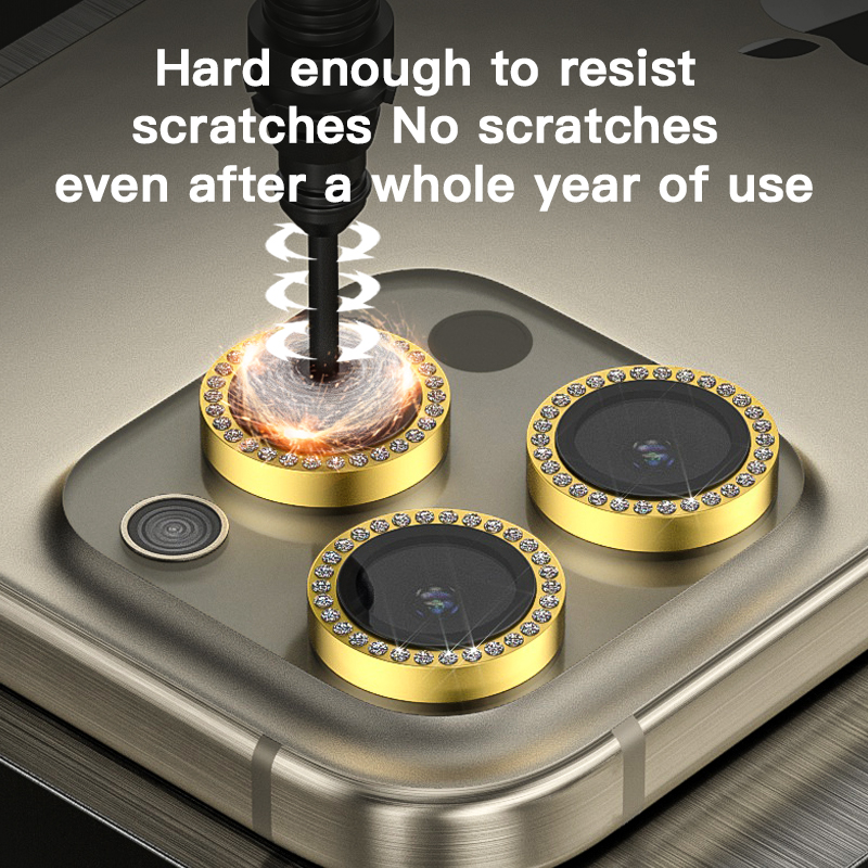 แฟชั่น OEM 18K Gold + ออสเตรียเพชรที่มีสีสัน Anti-Scratch กระจกนิรภัย Iphone ตัวป้องกันเลนส์กล้อง